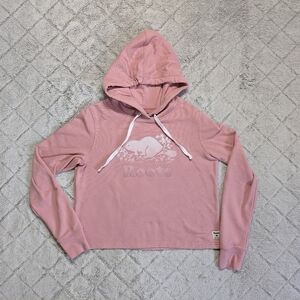 Roots Hoodie Women's Small Pink Graphic Print Cropped Cotton Blend Boxy